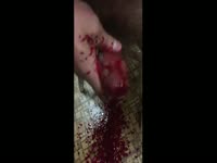 Sick bdsm fetish clip features dude jerking his cock and shooting blood all over the floor